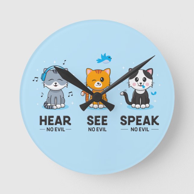 Hear See Speak No Evil Cats Wall Clock (Front)