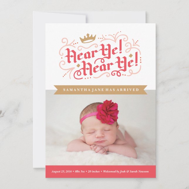 Hear Ye! Hear Ye! Birth Announcement in Gold (Front)