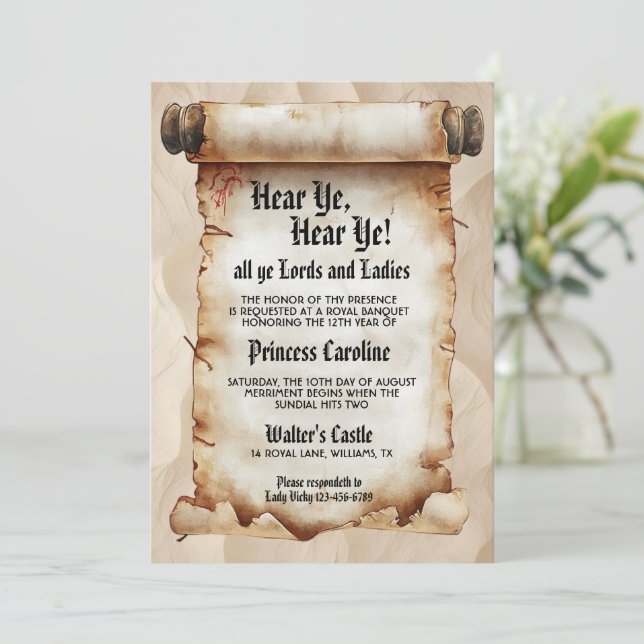 Hear Ye, Hear Ye! Mediaeval Parchment Scroll Invitation (Standing Front)