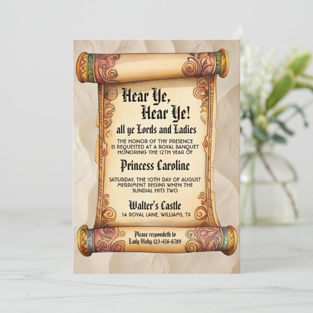 Hear Ye, Hear Ye! Medieval Royal Birthday Invitation (Standing Front)