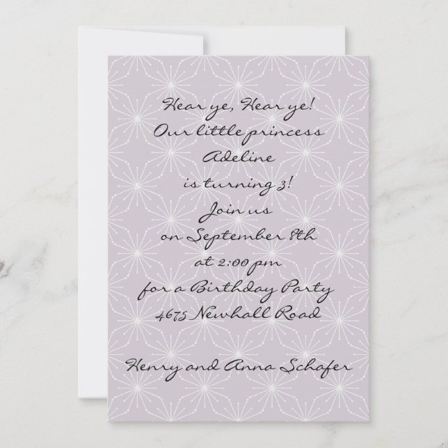 "Hear Ye, Hear Ye" Purple sparkle invitation (Front)
