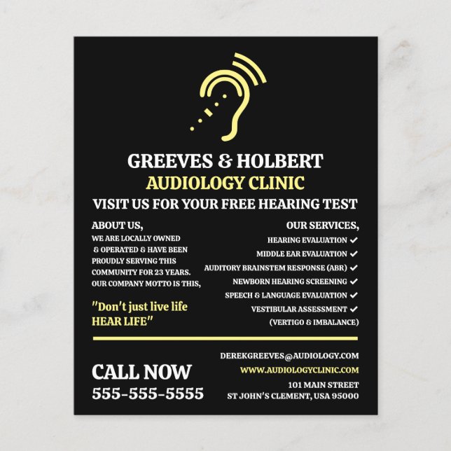Hearing Aid Design, Audiologist, Audiology Clinic Flyer (Front)