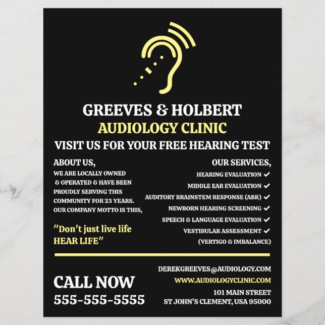 Hearing Aid Design, Audiologist, Audiology Clinic Flyer (Front)