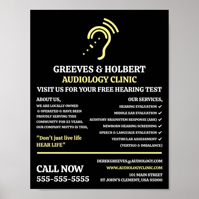 Hearing Aid Design, Audiologist, Audiology Clinic Poster (Front)