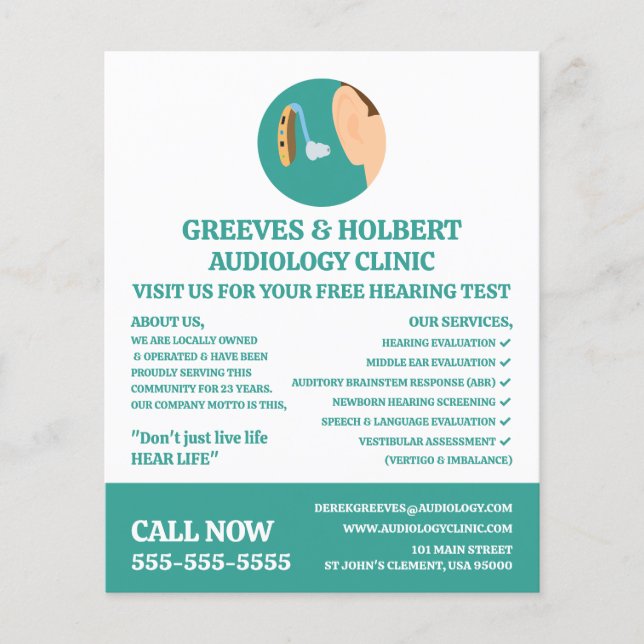 Hearing Aid Icon, Audiologist, Audiology Clinic Flyer (Front)