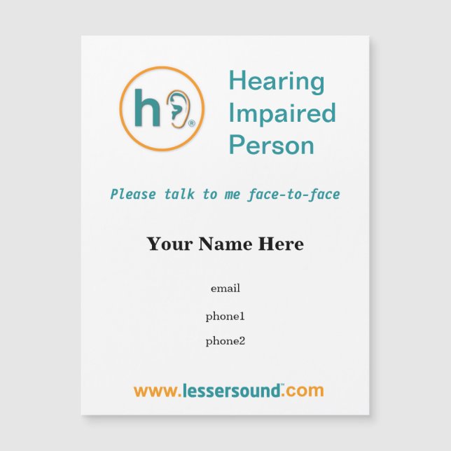 Hearing Impaired 4.24"x5.6" laminated magnetic ID (Front)