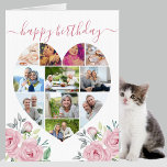 Heart 11 Photo Collage Pink Peony Big Birthday<br><div class="desc">Say Happy Birthday to a special lady with a love heart photo collage card decorated with pretty pink peony flowers. The photo template is set up for you to add your pictures, working in rows from top to bottom. The photo collage holds 11 photos which are displayed in a mix...</div>