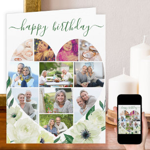 Heart 11 Photo Collage White Rose Happy Birthday Card
