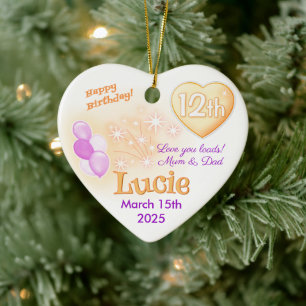 Heart 12th Birthday Girl Daughter lilac & gold Ceramic Ornament