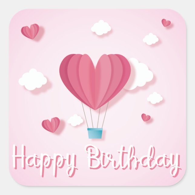 Heart air balloon pink Happy Birthday romantic Square Sticker (Front)