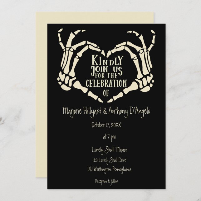 Heart Alternate Skeleton Hands Creepy Goth Wedding Invitation (Front/Back)
