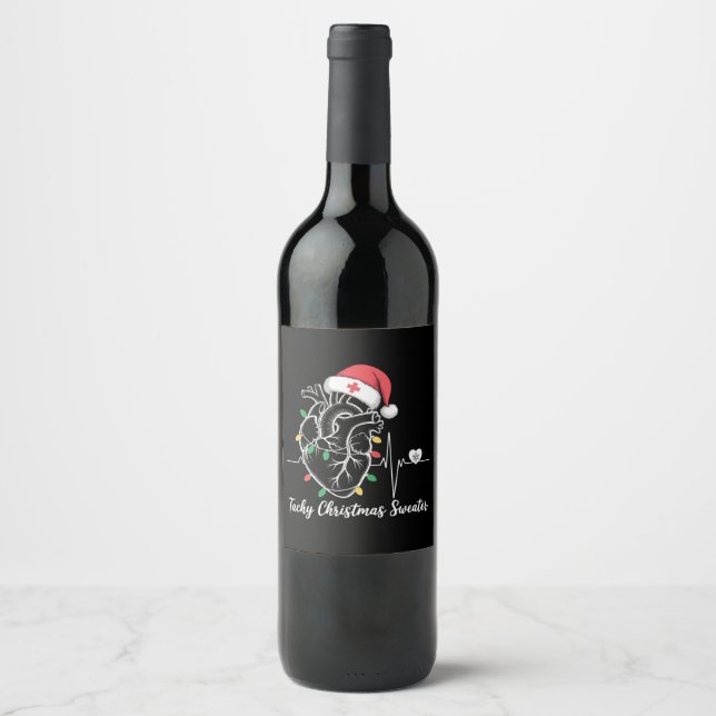 Heart Anatomy Christmas Nurse Cardiac Tachy Xmas Wine Label (Front)