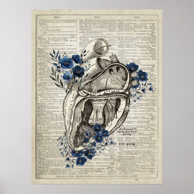 Heart Anatomy With Flowers Dictionary Art Poster (Front)