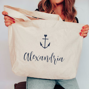 Heart Anchor Personalised Name Bachelorette Large Tote Bag