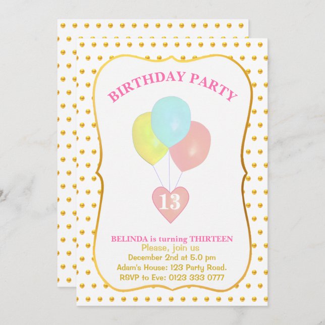 Heart and Balloons 13th Birthday Invitation (Front/Back)