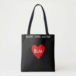 Heart and Black Lives Matter Text on Black Tote Bag