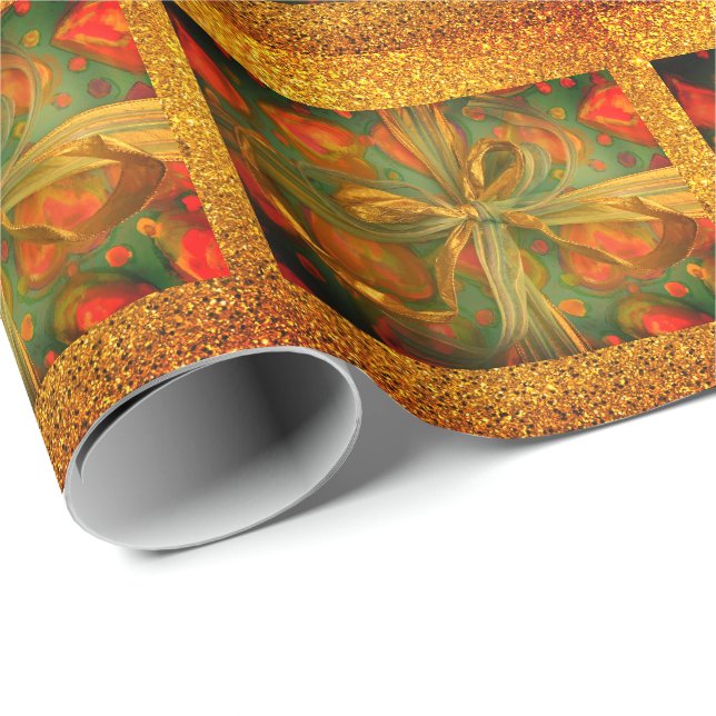 Heart and bow red and green glitter look wrapping paper (Roll Corner)