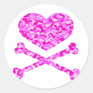 heart and cross bones urban camo pink classic round sticker