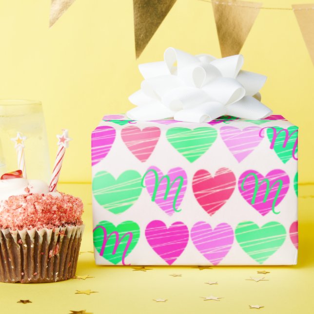 Heart and Custom Monogram for Your Unique Receiver Wrapping Paper (Birthday Party)