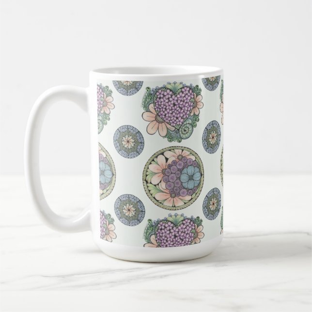 Heart and flowers doodle art mug. coffee mug (Left)