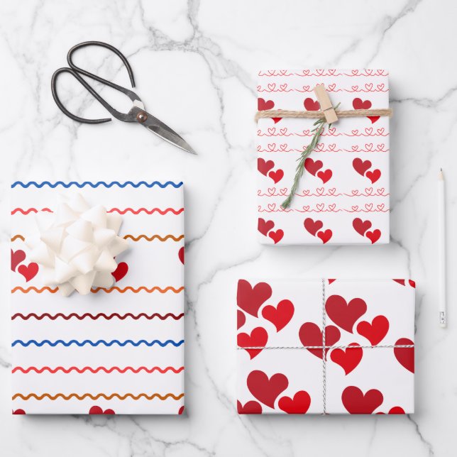 Heart and Lines Wrapping Paper Flat Sheet Set of 3 (Front)