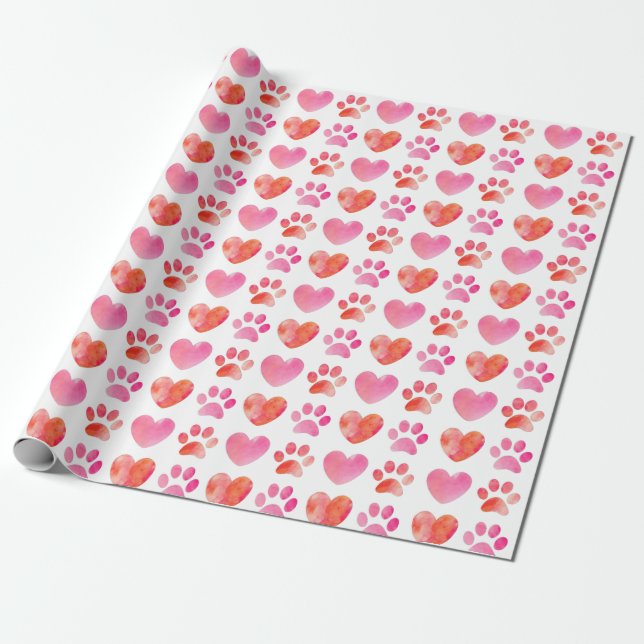 Heart and Paw Print Valentine's Day Wrapping Paper (Unrolled)