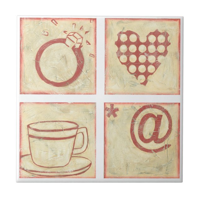 Heart and Ring Woodblock Drawings Ceramic Tile (Front)