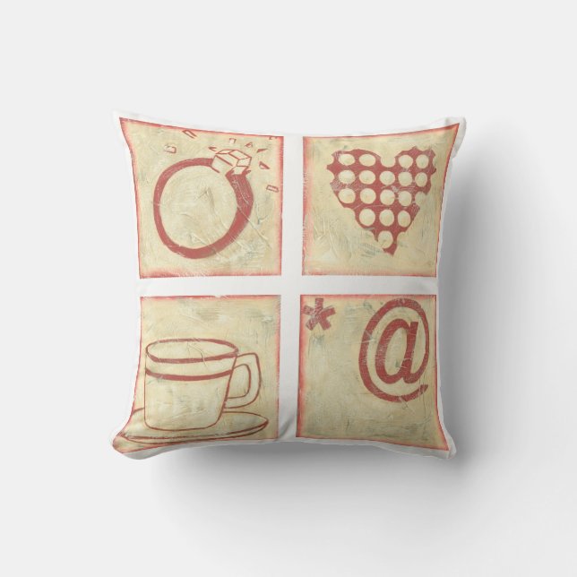 Heart and Ring Woodblock Drawings Cushion (Front)