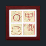 Heart and Ring Woodblock Drawings Gift Box<br><div class="desc">These red woodblock drawings by Chariklia Zarris show a ring,  a heart,  a cup and the symbol for "at" and an asterisk. An eclectic group of objects to place together in a work but captivating nonetheless. Purchase your copy of this wonderful piece today!</div>