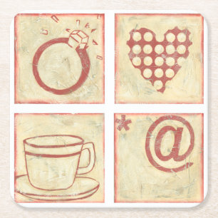 Heart and Ring Woodblock Drawings Square Paper Coaster