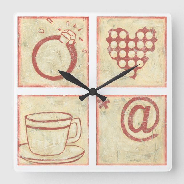 Heart and Ring Woodblock Drawings Square Wall Clock (Front)