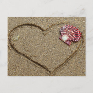 heart and shell on beach postcard