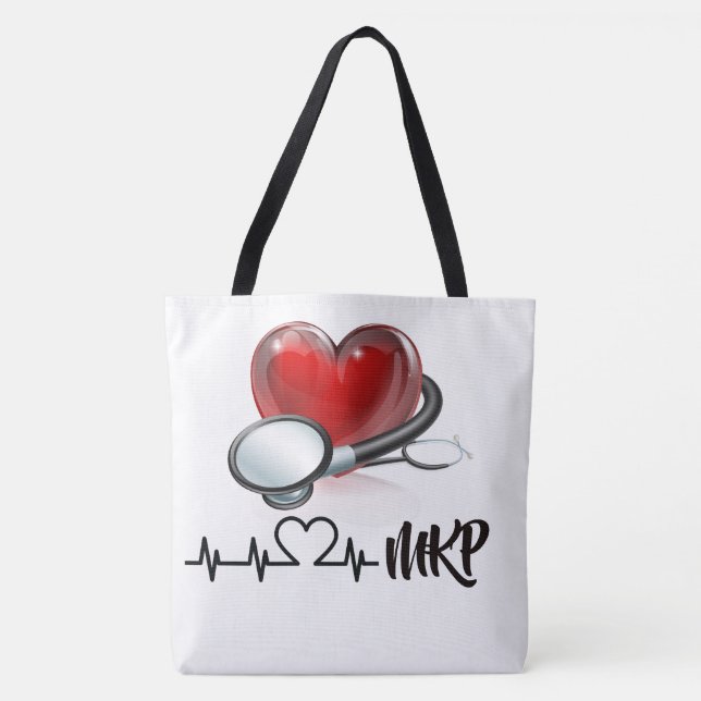 Heart and Stethoscope Large Monogram Tote (Front)