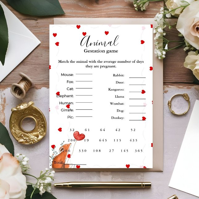 Heart Animal gestation game baby shower game Card (Creator Uploaded)