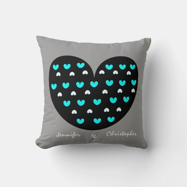 Heart Anniversary Pillow, w Names/Date; Grey/Aqua Cushion (Front)
