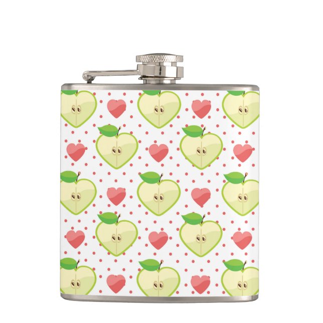 Heart Apples with Pink Polka Dots And Hearts Hip Flask (Front)