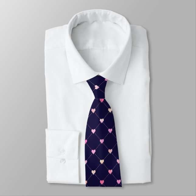 Heart Argyle Pink Pattern Navy Blue Valentine Tie (Tied)