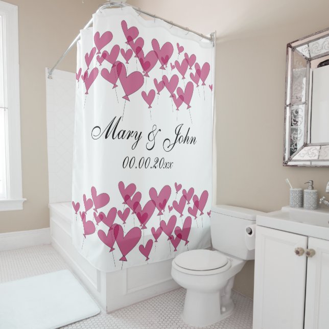 Heart balloon shower curtain for newlyweds couple (In Situ)