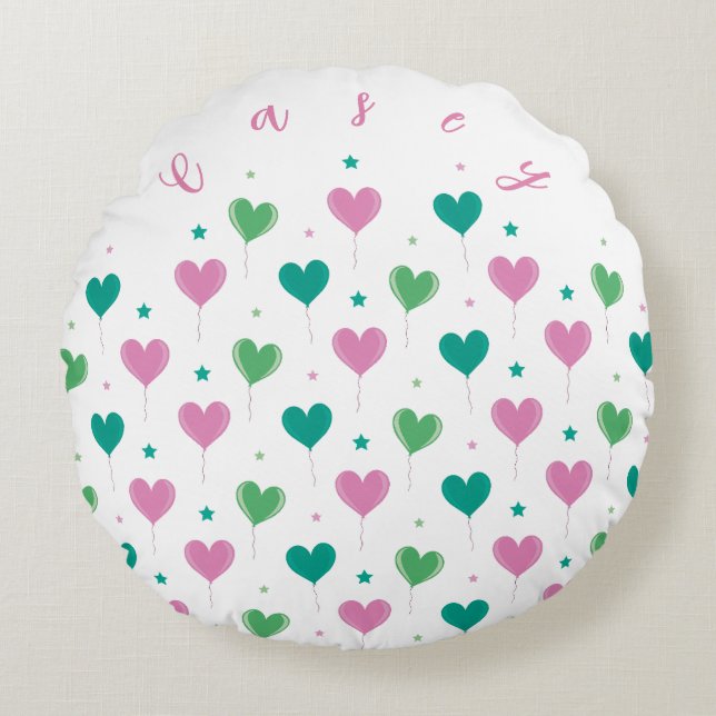 Heart Balloons Green Pink Star Pattern Cute Round Cushion (Front)