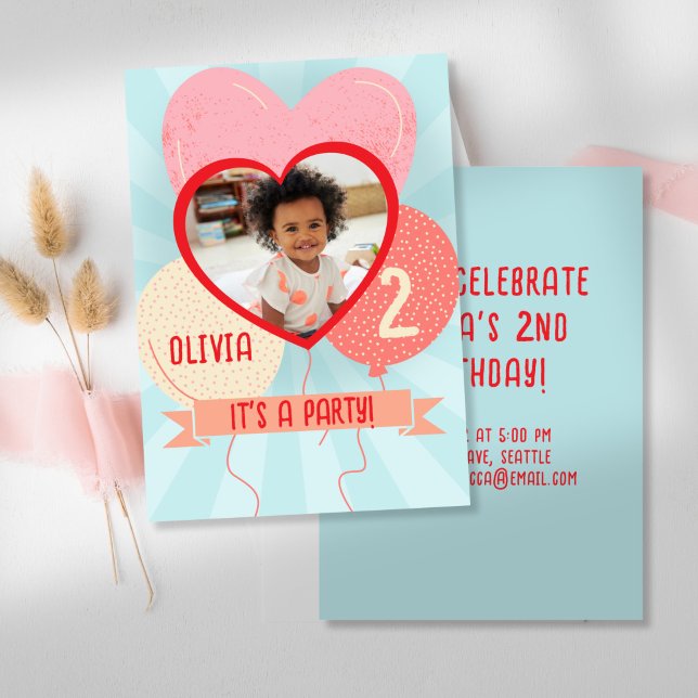 Heart Balloons Kids Birthday Photo Invitation (Creator Uploaded)