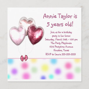 Heart Balloons Pink Girls 5th Birthday Party Invitation