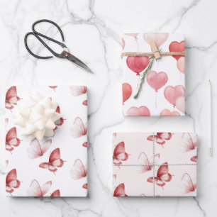 Heart Balloons Pink Red Butterflies Birthday Wrapping Paper Sheet