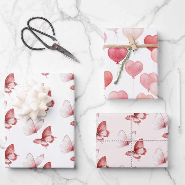 Heart Balloons Pink Red Butterflies Birthday Wrapping Paper Sheet (Front)