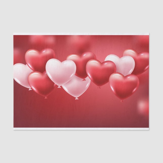 Heart Balloons Tissue Paper (A digital illustration features a cluster of heart-shaped balloons against a gradient red background)