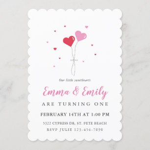 Heart Balloons Valentine Twin Birthday Invitation
