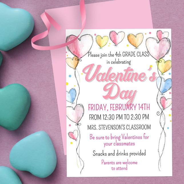 Heart Balloons Valentine's Day School Party Invitation (Creator Uploaded)