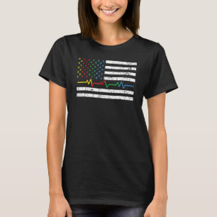 Heart Beat American Flag Rainbow Colours Gay Lesbi T-Shirt