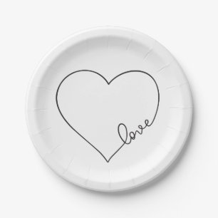 Heart Black White Wedding Bridal Shower Minimalist Paper Plate