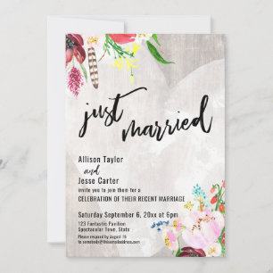 Heart Boho Floral Rustic Wood Just Married Party Invitation