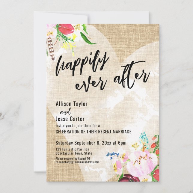 Heart Boho Flowers Burlap Happily Ever After Invitation (Front)
